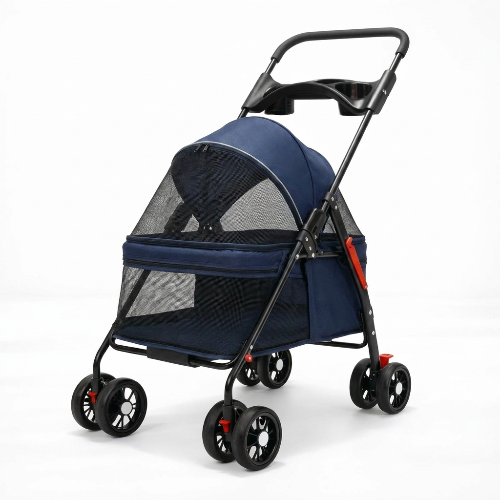 Navy blue Promenade foldable cat stroller on white background