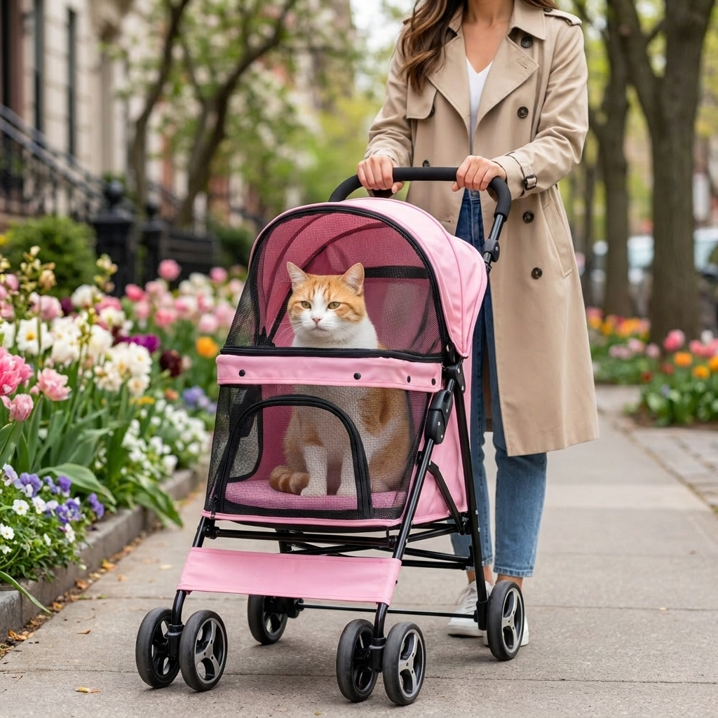 Woman strolling a cat in the pink Promenade stroller on a sidewalk