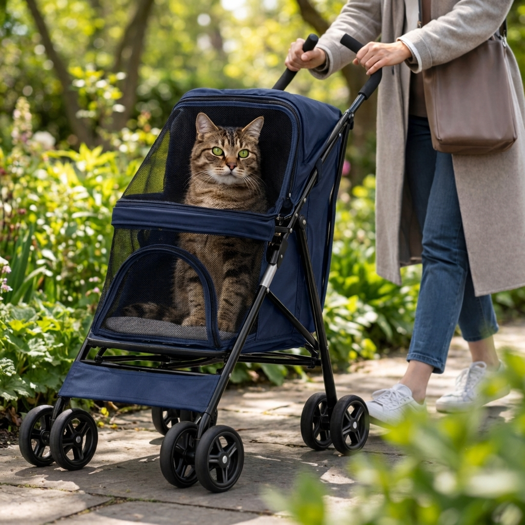Woman strolling a cat in the navy blue Promenade stroller in a garden