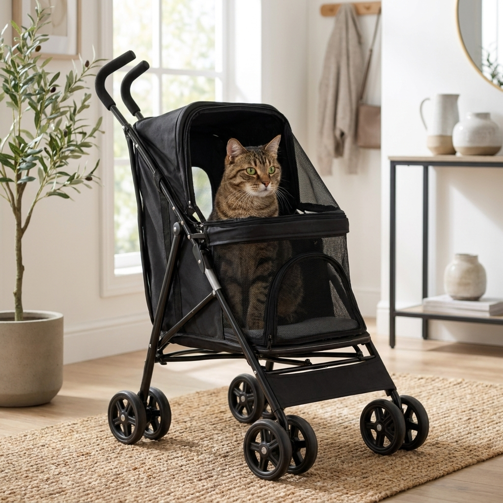 Black Promenade stroller with a cat inside in a home entryway