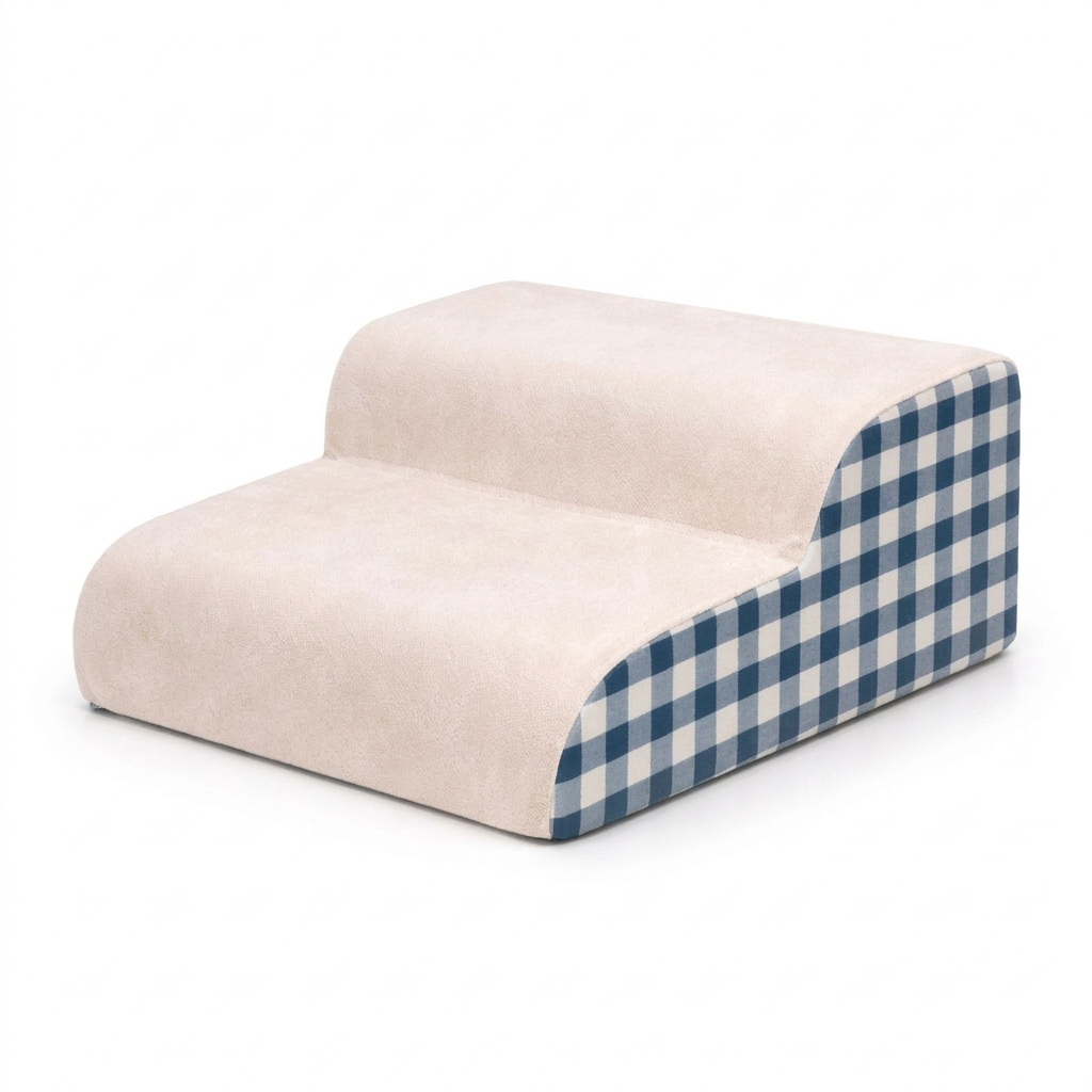 Tiptoe cat stairs Blue Gingham 2-step