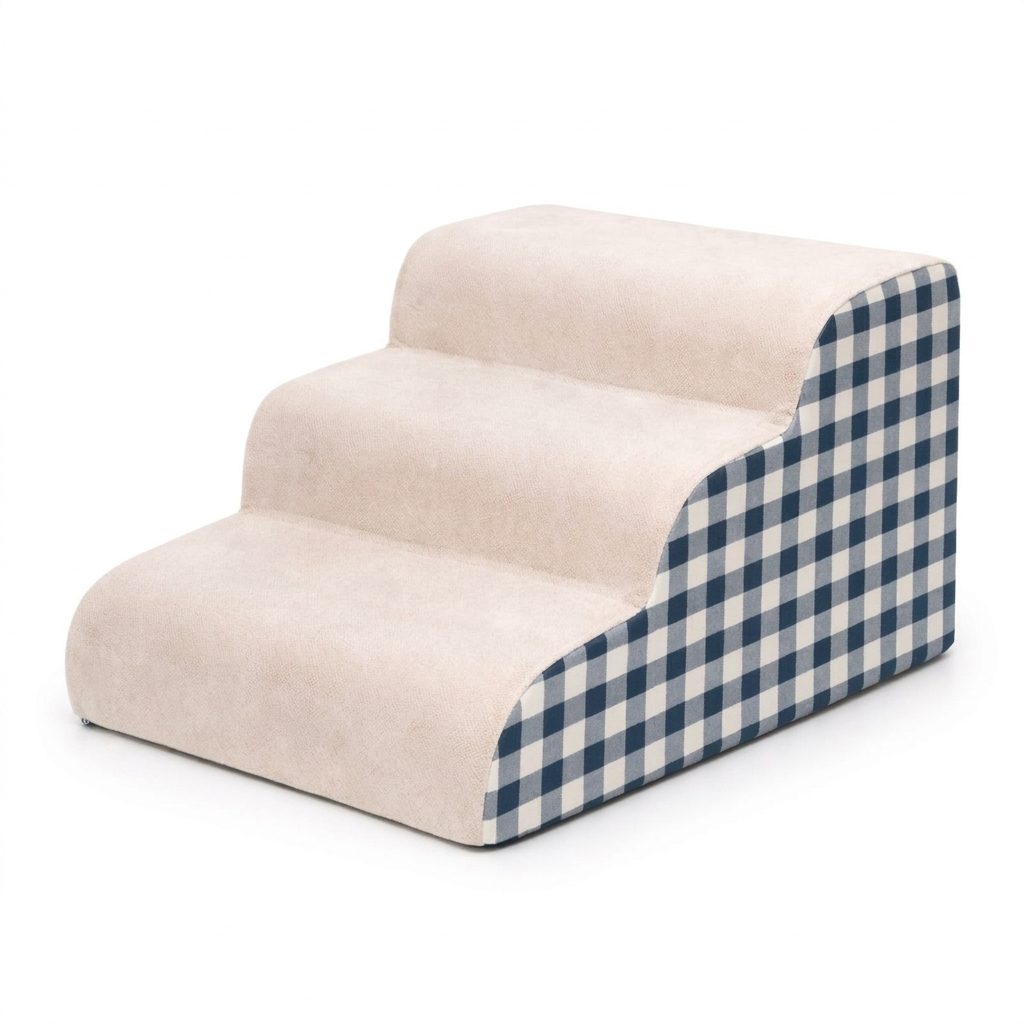 Tiptoe cat stairs Blue Gingham 3-step