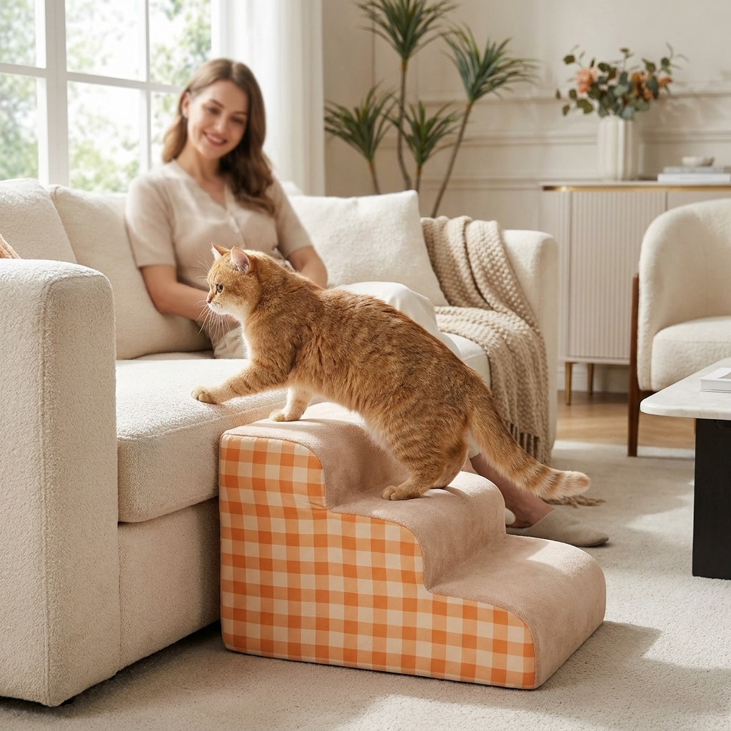 Cat using Tiptoe stairs to sofa