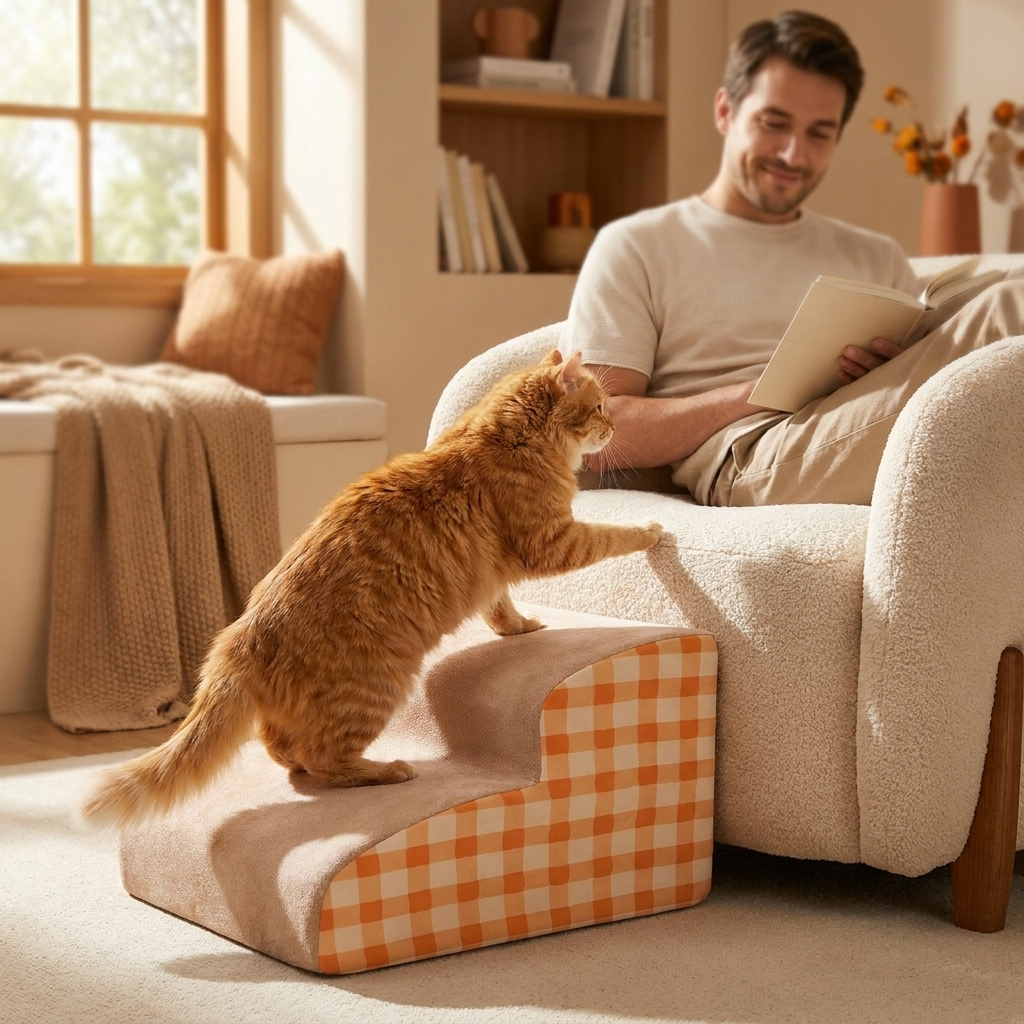 Cat climbing Tiptoe stairs to armchair