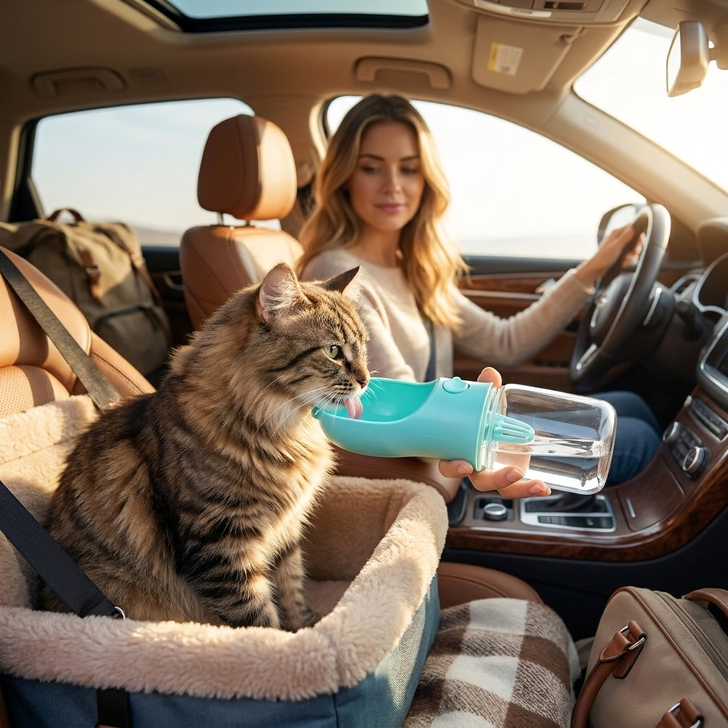 Cat drinking from Wandersip bottle on a car road trip