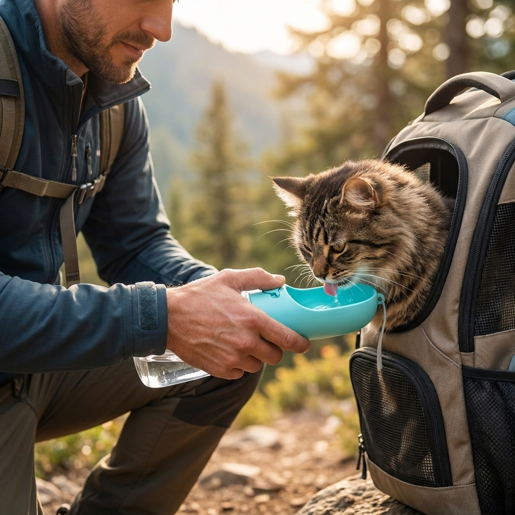Man giving cat water from Wandersip bottle on a trail