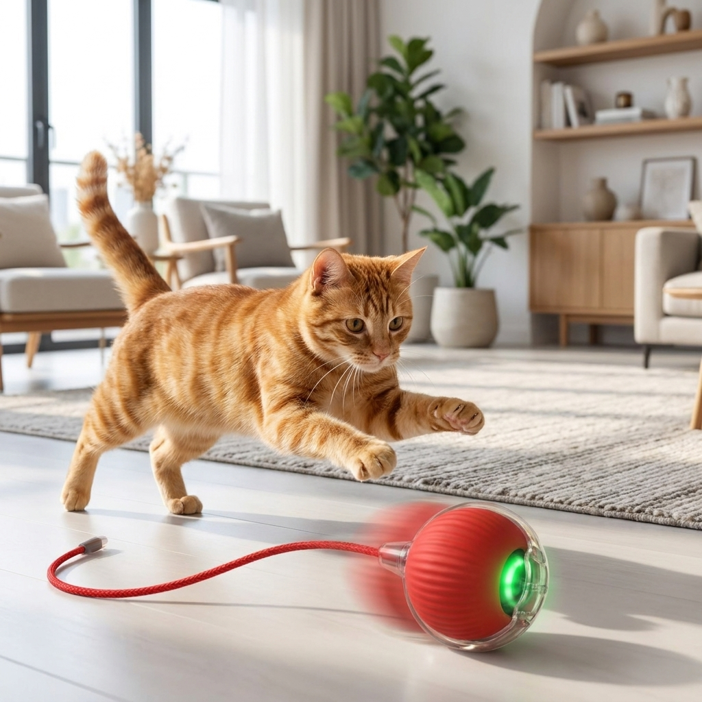 Cat chasing Zoomie ball in living room