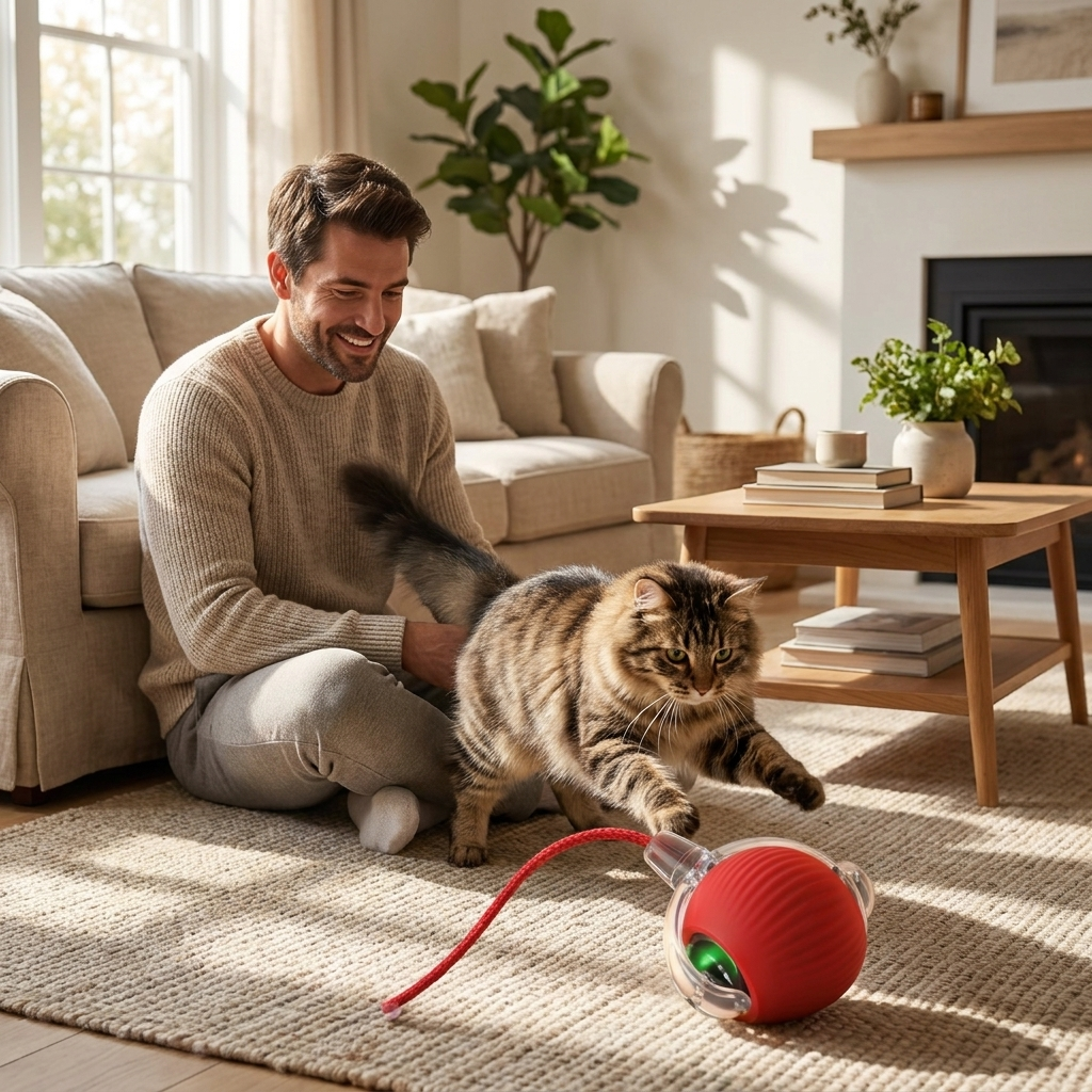 Man playing with cat and Zoomie ball