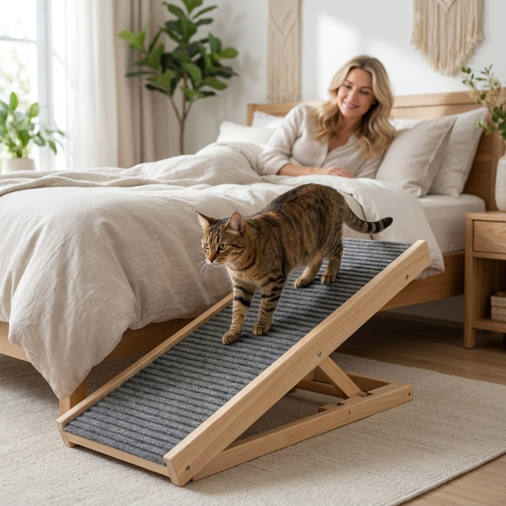 Cat walking up Easeway ramp to bed