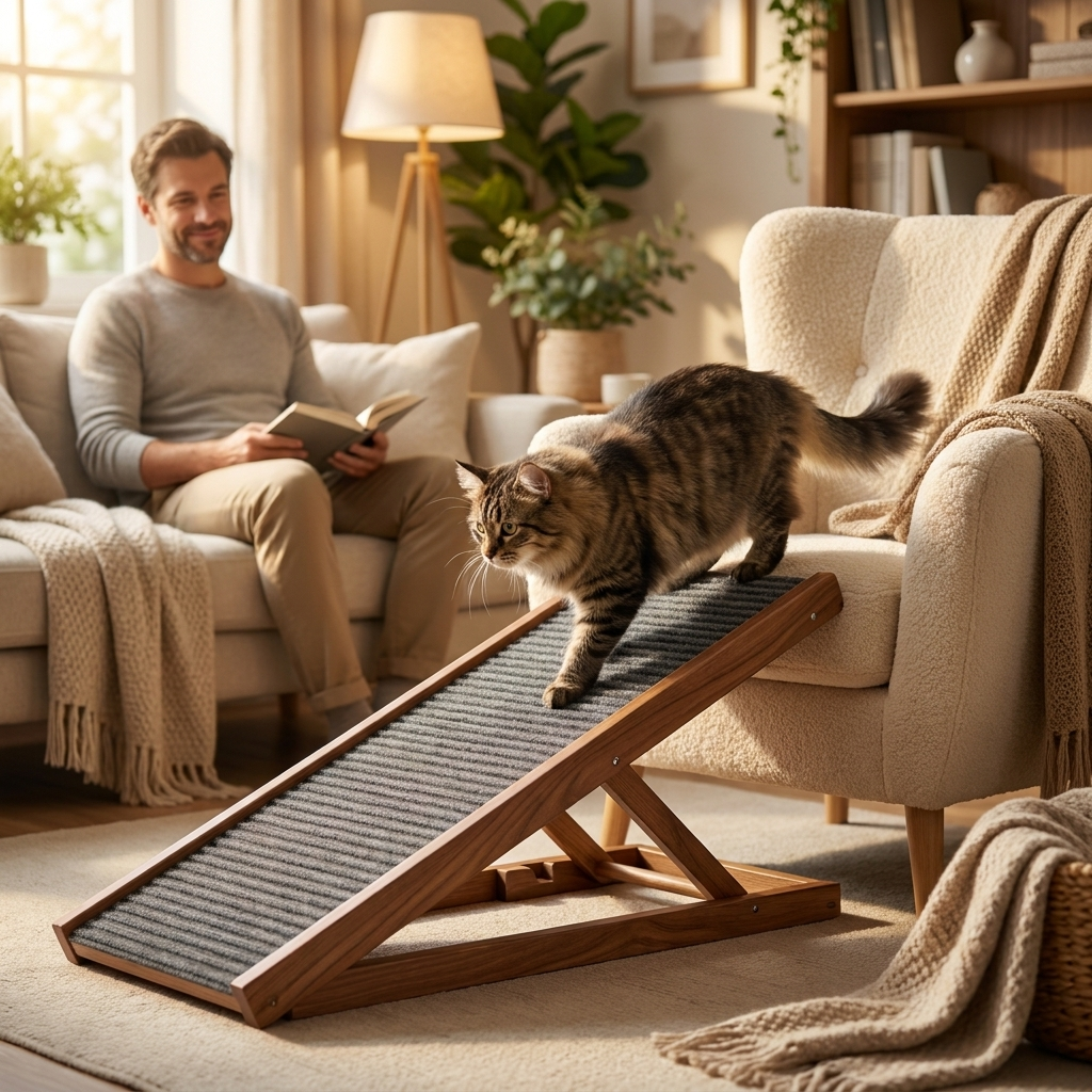 Cat using Easeway ramp from armchair with man nearby