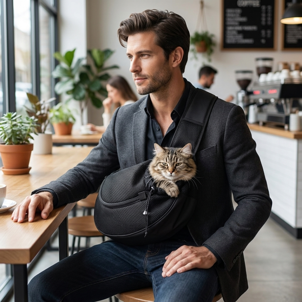 Man with cat in black Cradle sling at a cafe