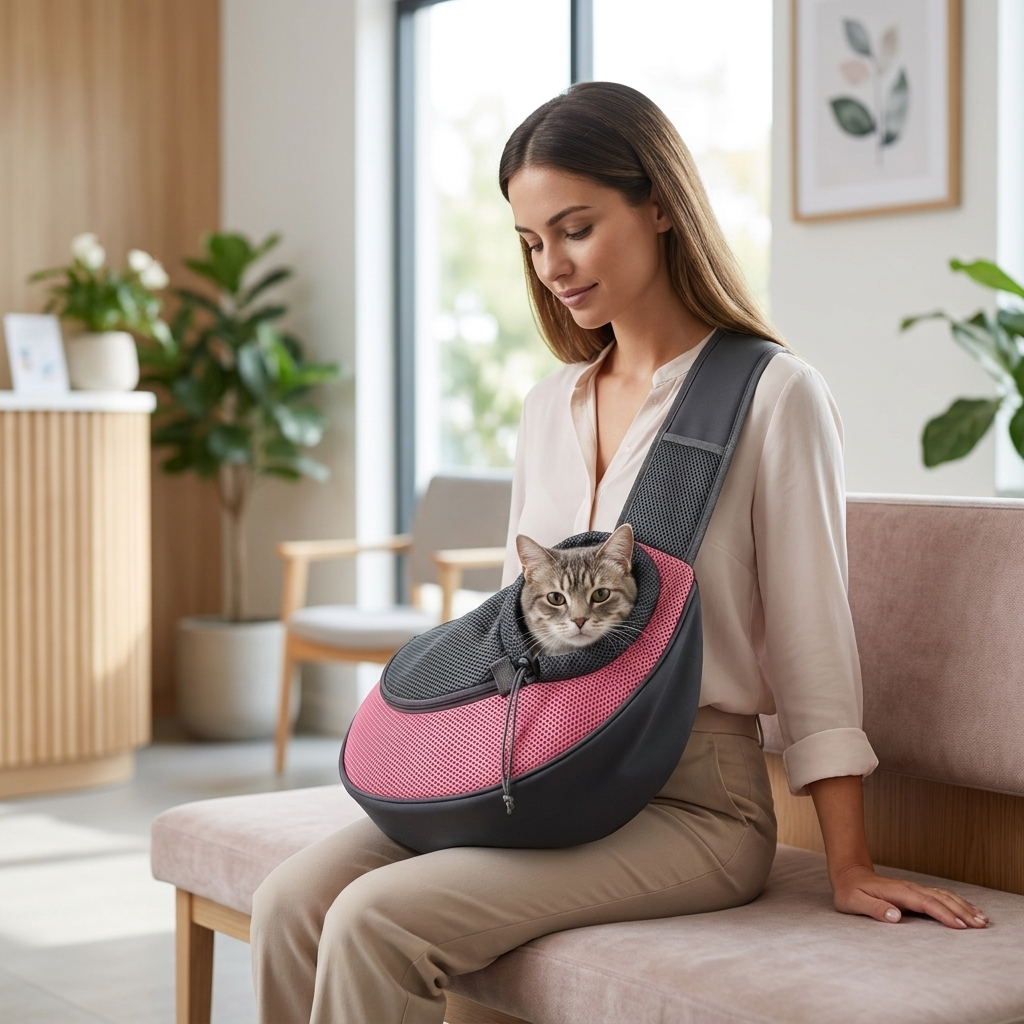 Woman with cat in Cradle sling in a bright room