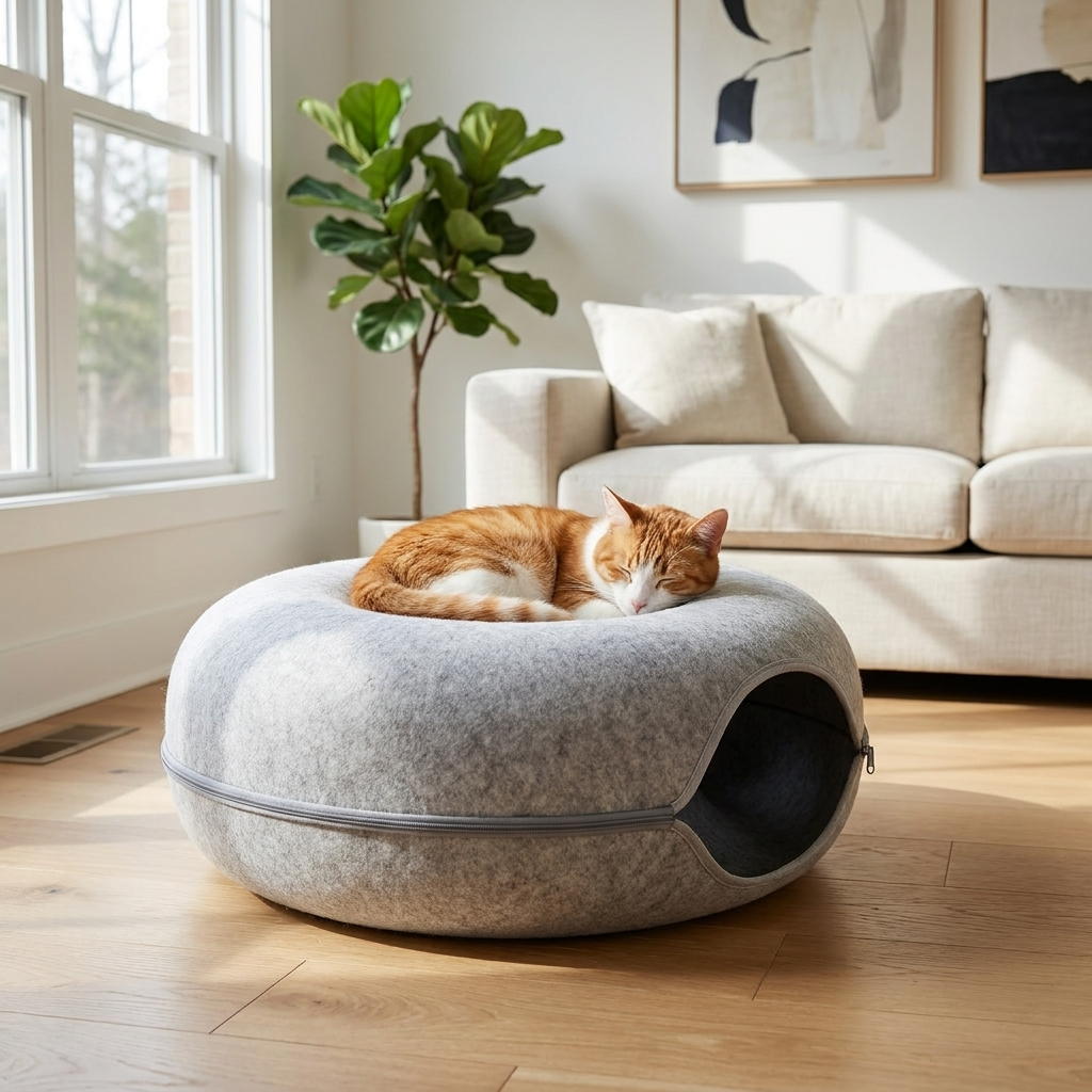 Cat napping on Burrow tunnel bed