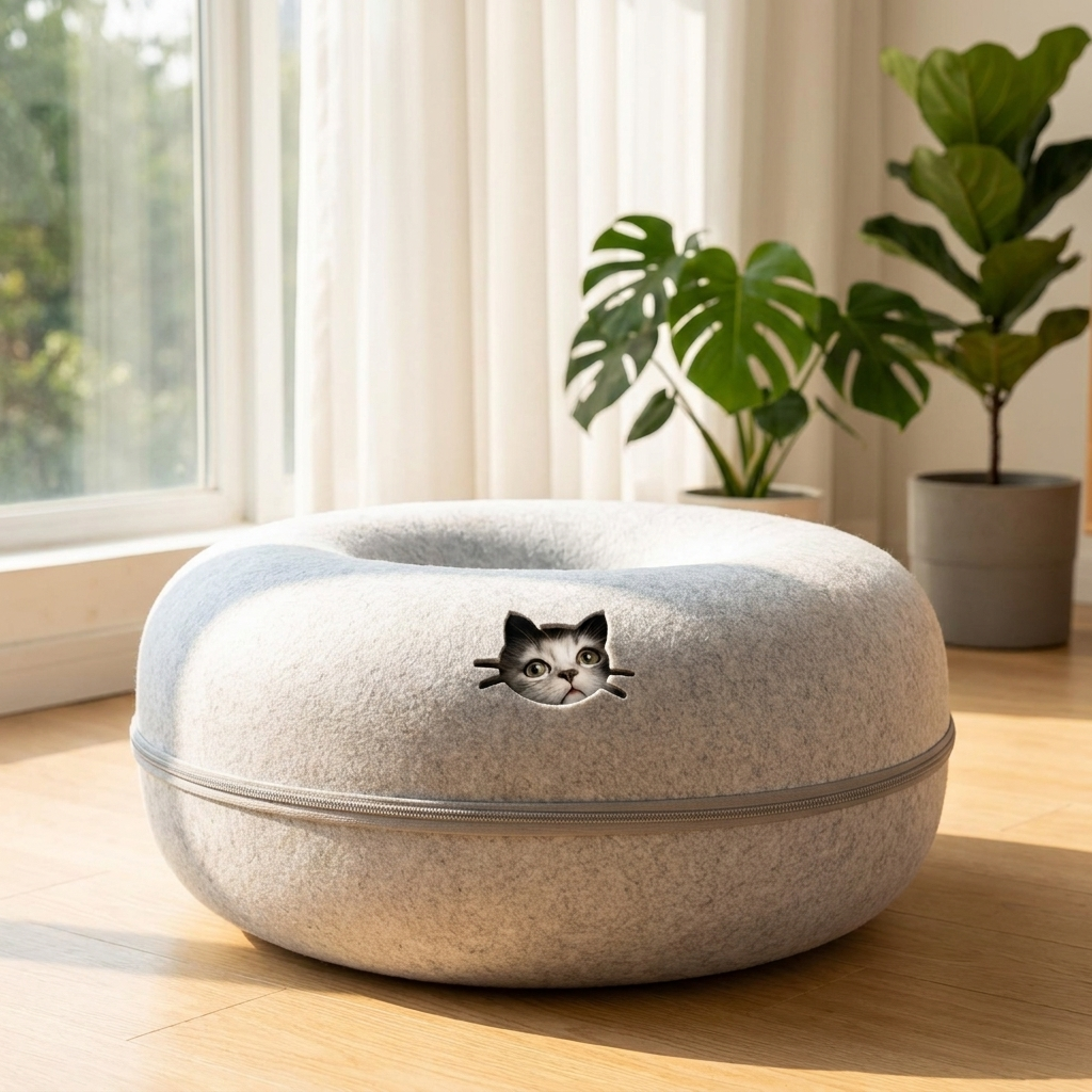 Cat peeking out the hole of Burrow tunnel bed