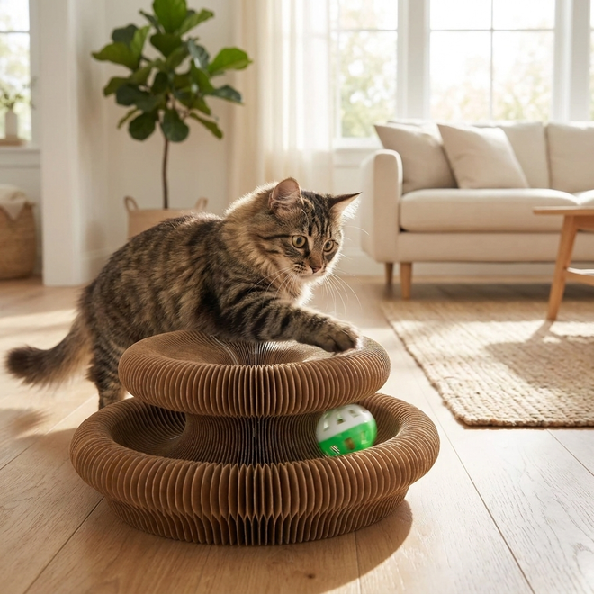 Cat batting ball on Ripple scratcher