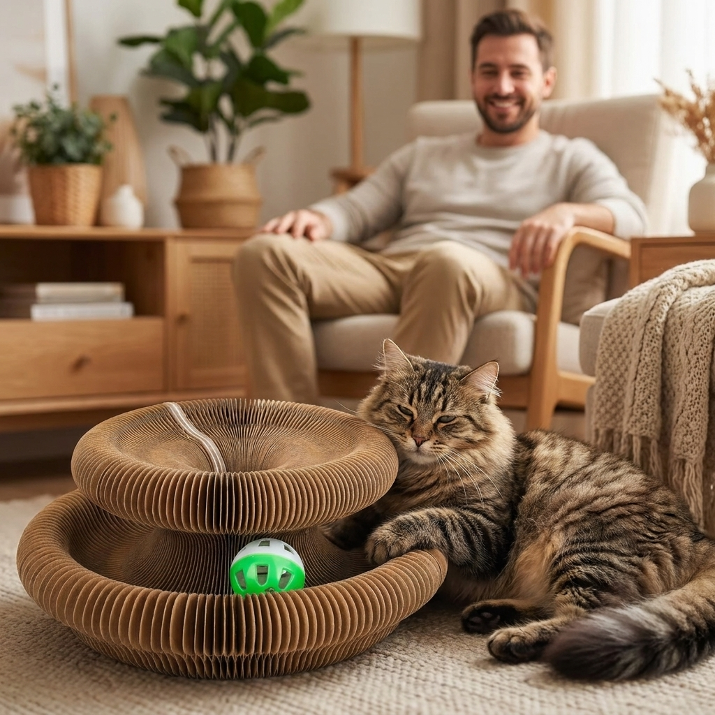 Cat lounging by Ripple scratcher with man nearby