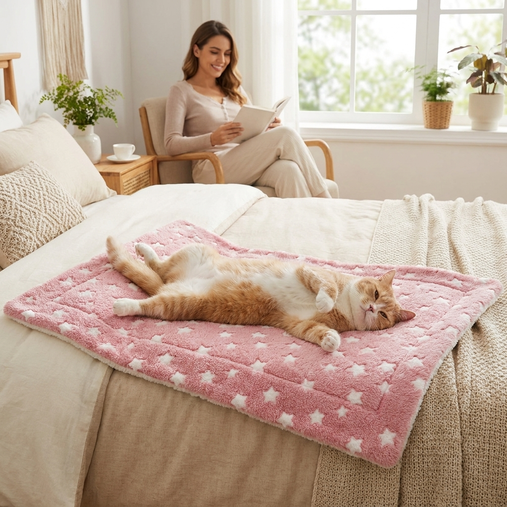 Cat stretched out on the Lull mat on a bed