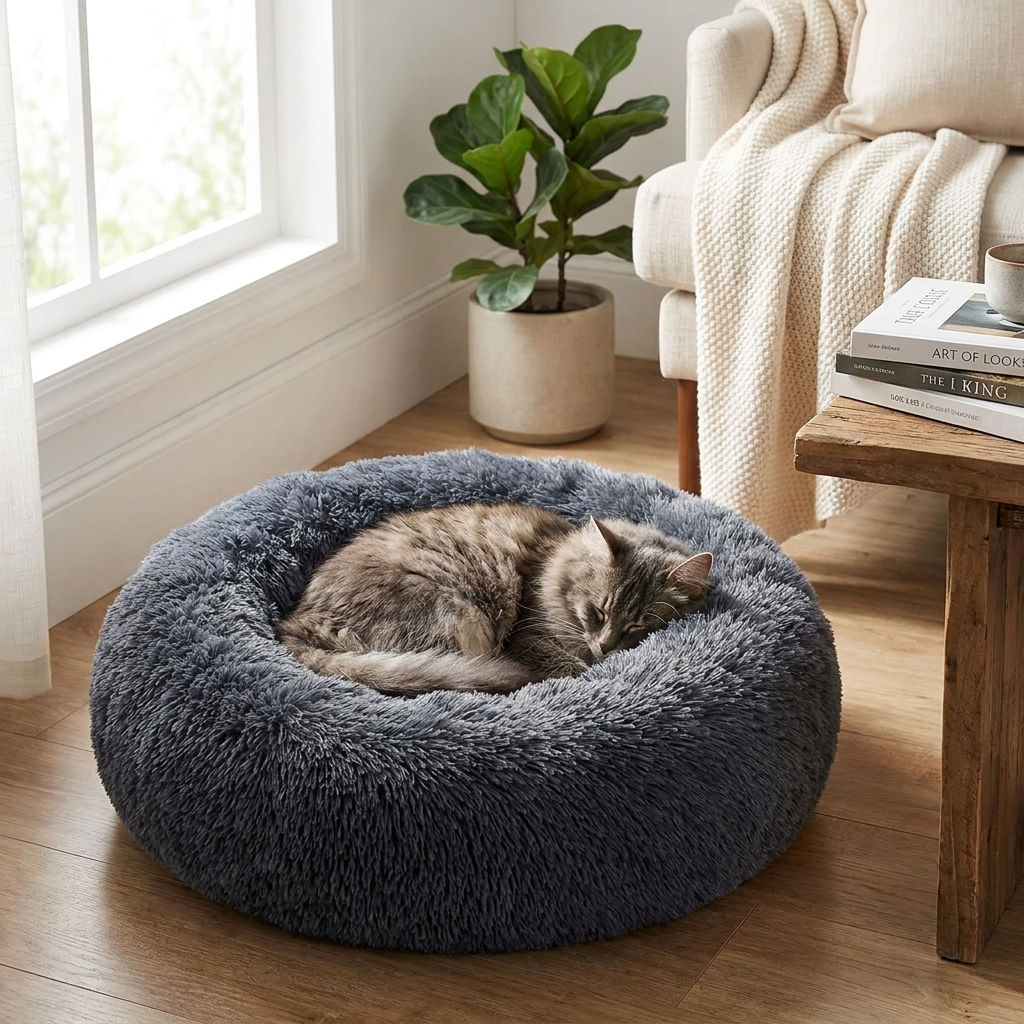Cat curled asleep in the charcoal Halo bed in a bedroom