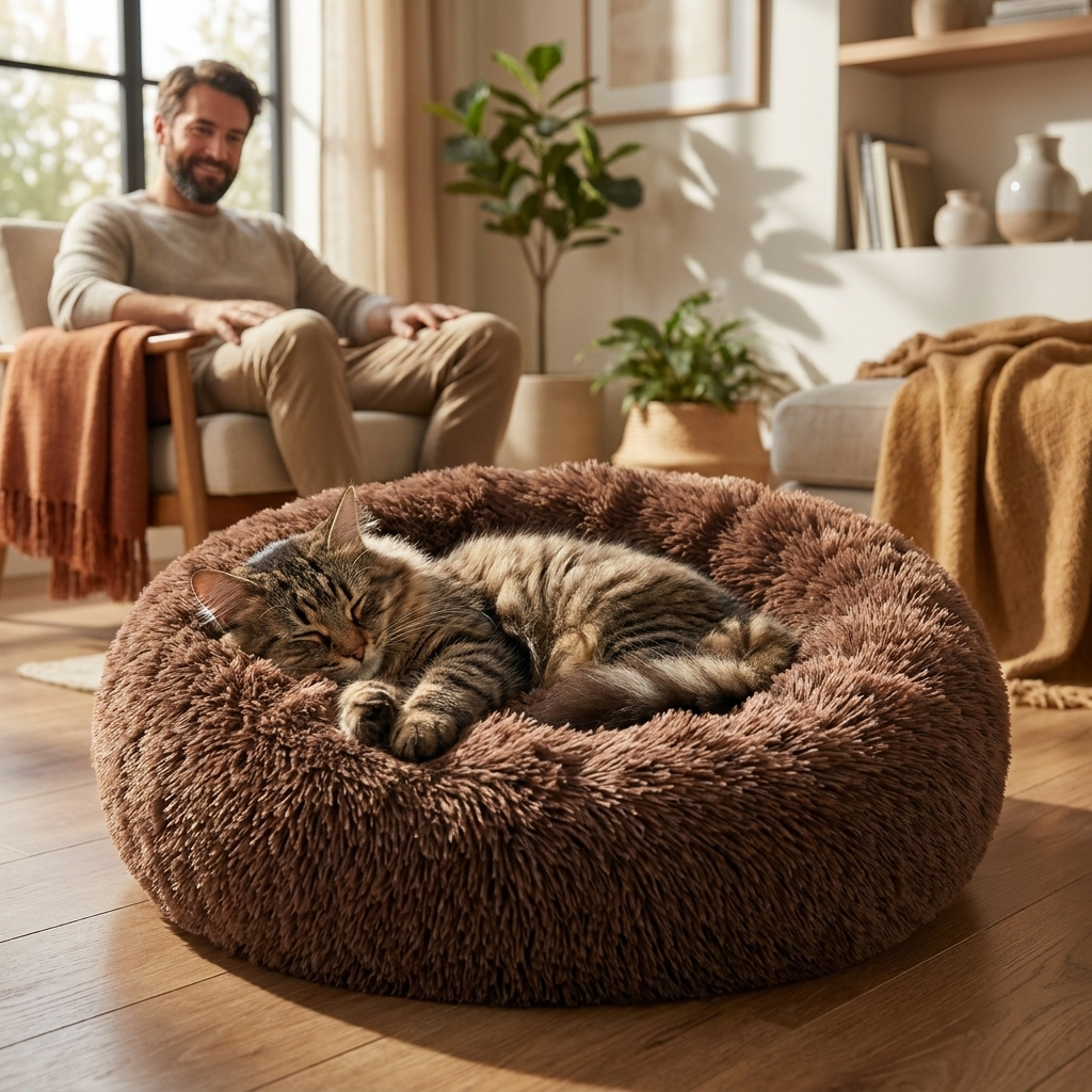 Cat napping in the mocha Halo bed in a living room