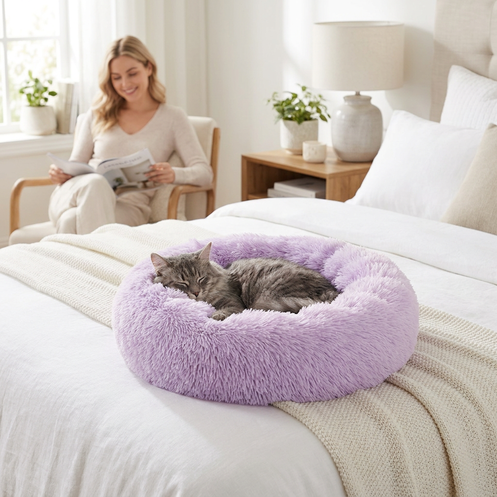 Cat curled in the lavender Halo bed on a bed