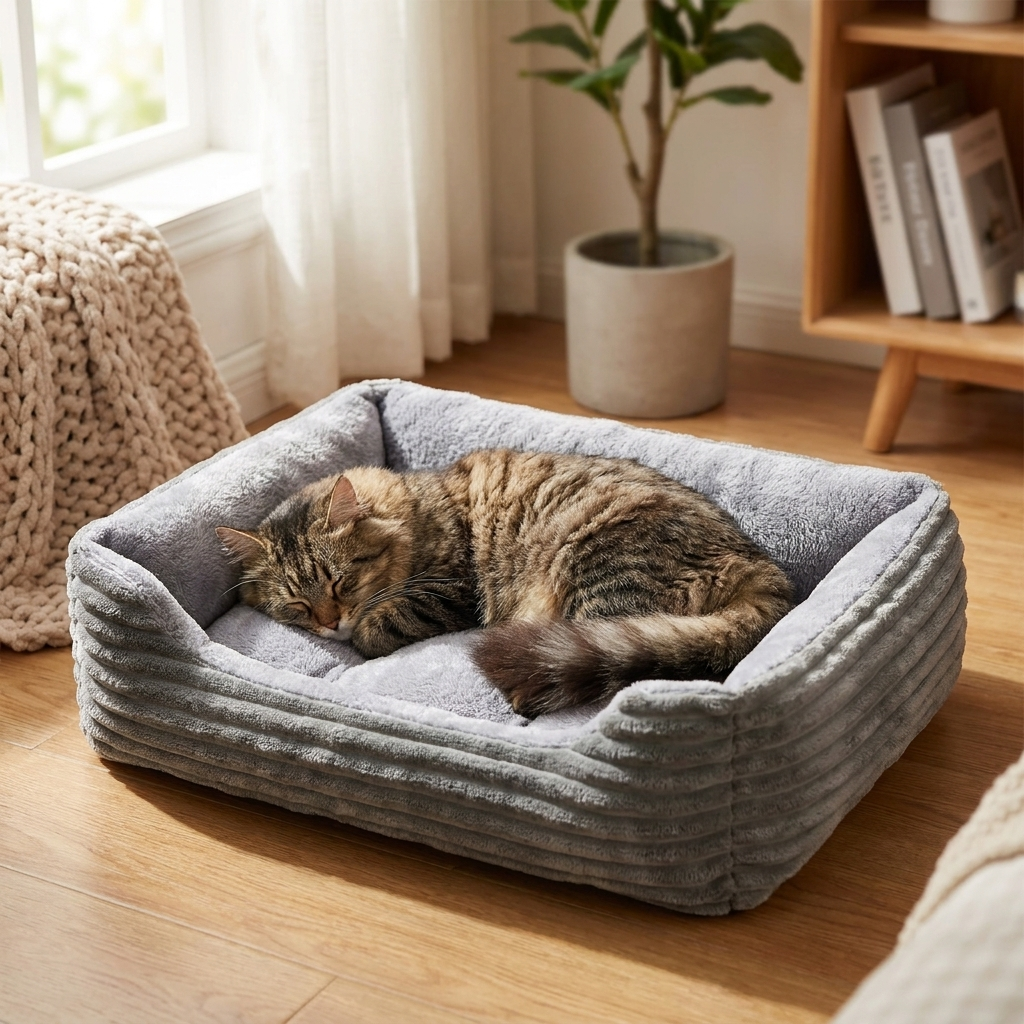 Cat curled asleep in the grey Haven sofa bed in a bedroom