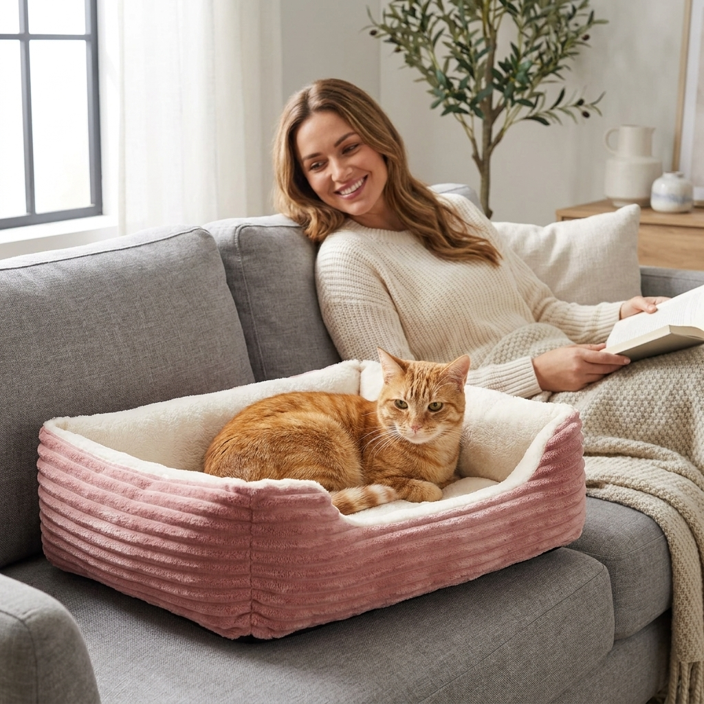 Cat resting in the pink Haven sofa bed on a couch beside its owner
