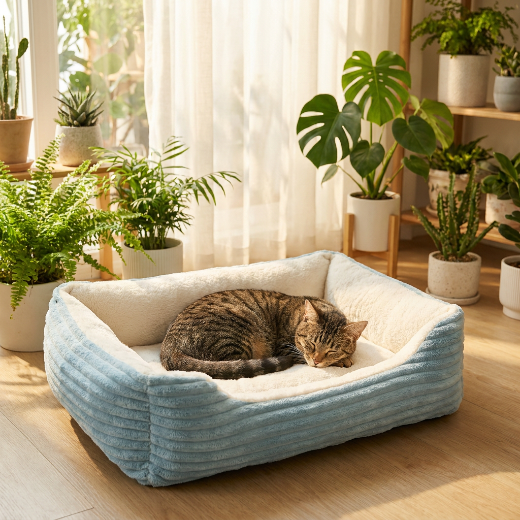 Cat sleeping in the light blue Haven sofa bed by a sunny window
