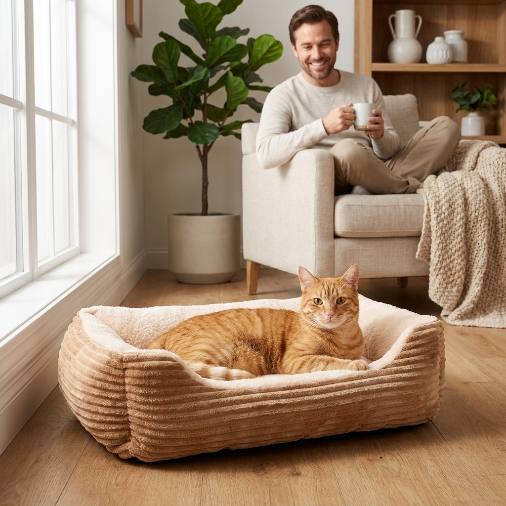 Cat lounging in the light brown Haven sofa bed in a living room