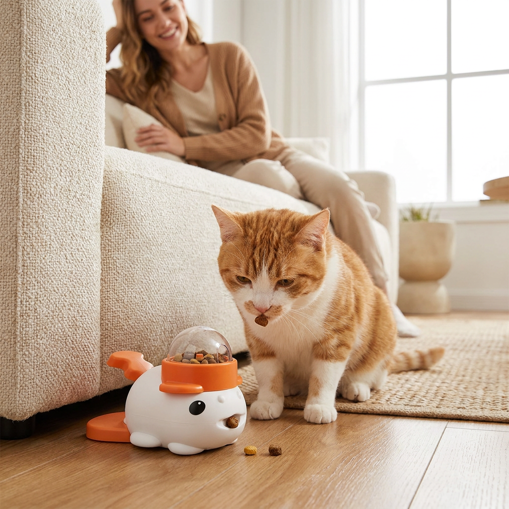 Cat nibbling a treat from the white Forage dispenser beside its owner
