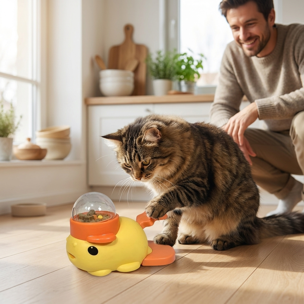 Cat playing with the yellow Forage dispenser in a kitchen