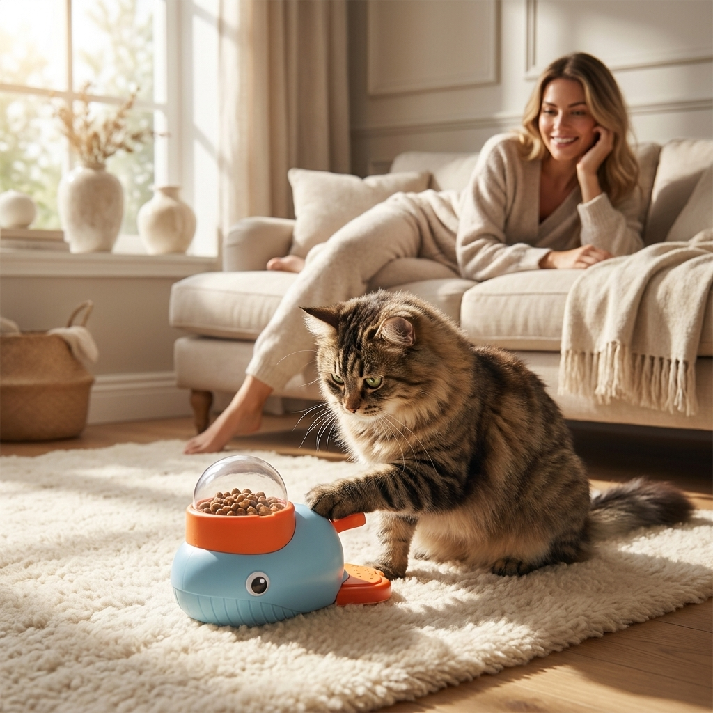 Cat pawing the blue Forage dispenser on a rug in a bedroom