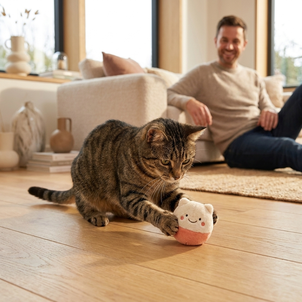 Cat pawing the small Sunny Smile Frolic ball on a wooden floor