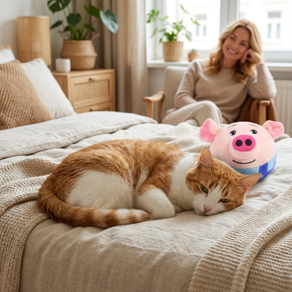 Cat resting next to the small Blue Piglet Frolic ball on a bed