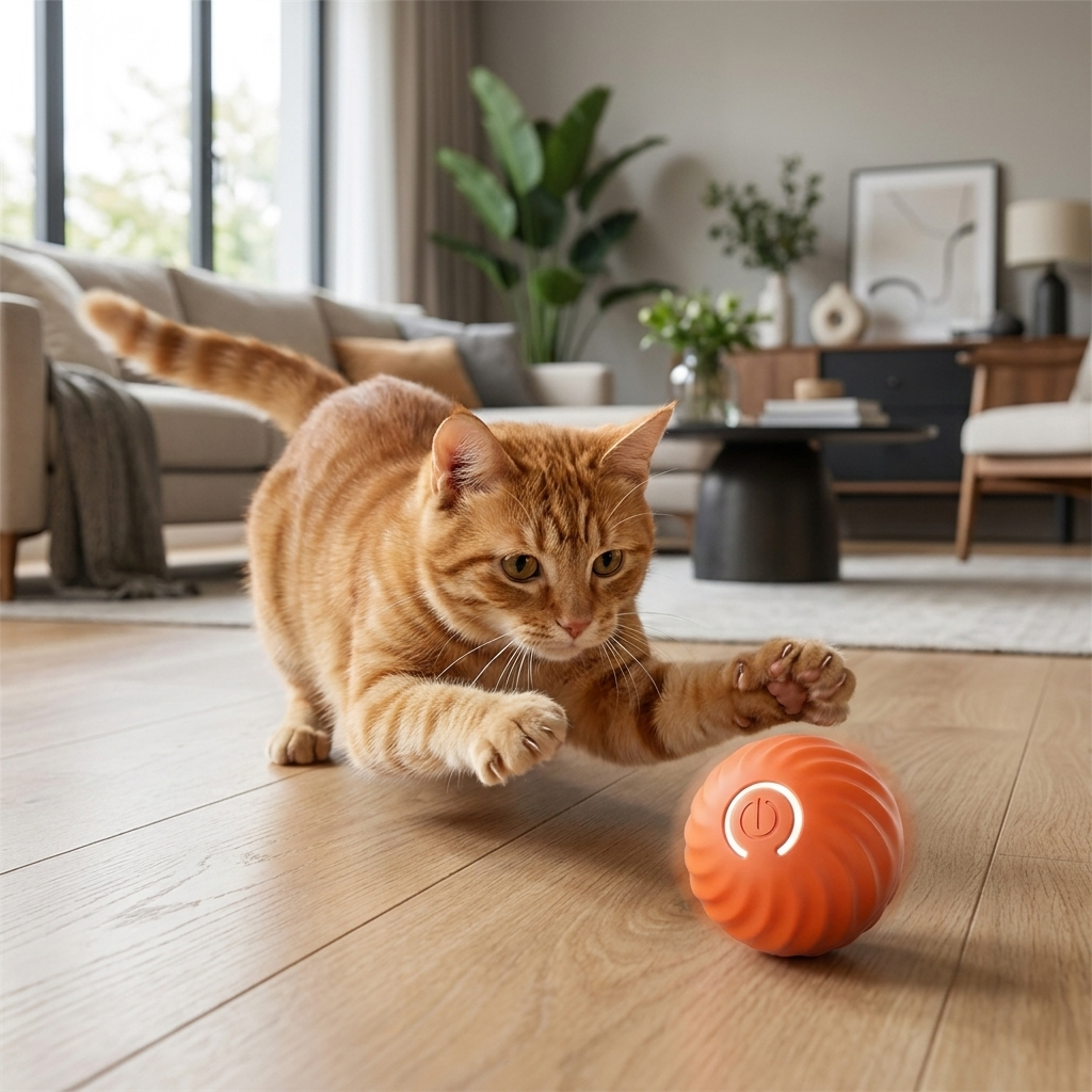 Cat chasing the orange Orbit smart ball in a living room