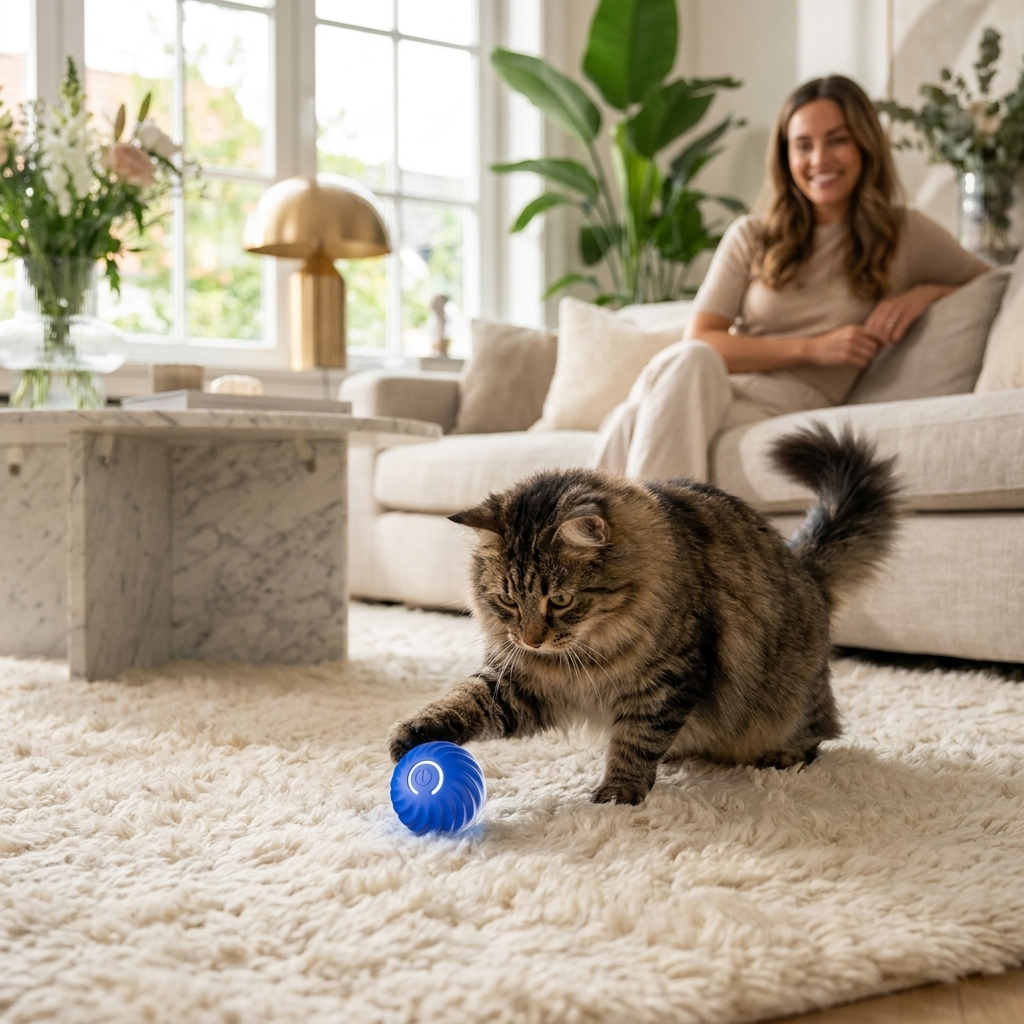 Cat batting the blue Orbit smart ball on a rug beside its owner