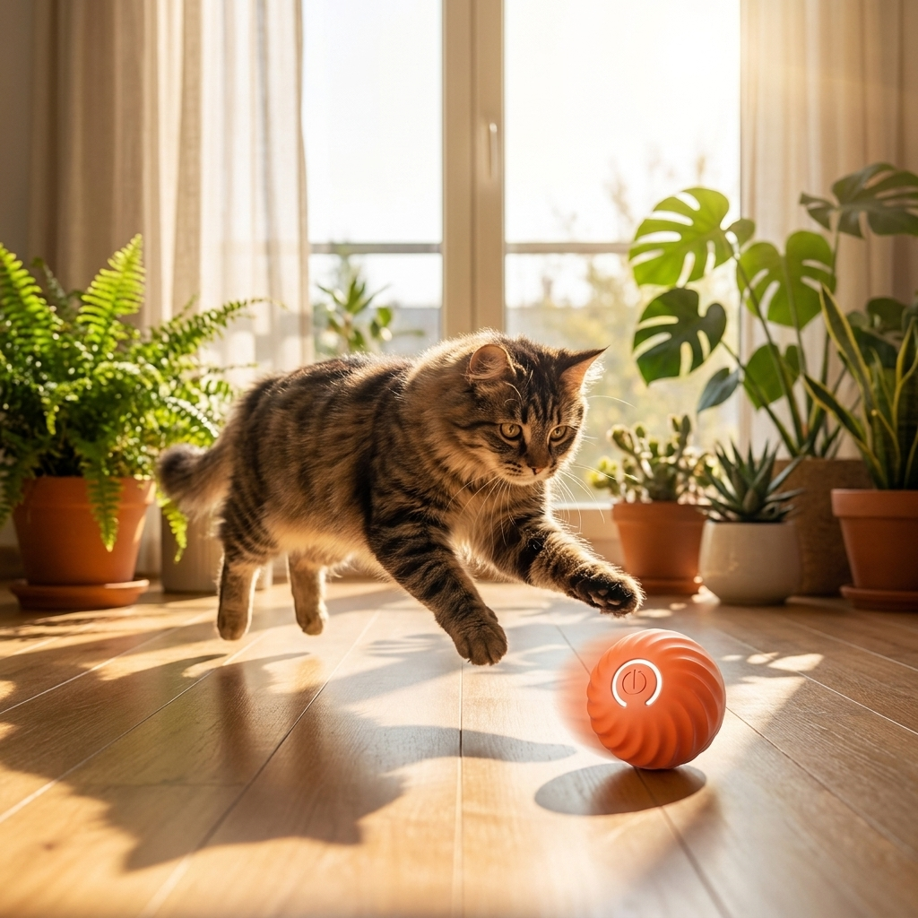 Cat chasing the orange Orbit smart ball by a sunny window