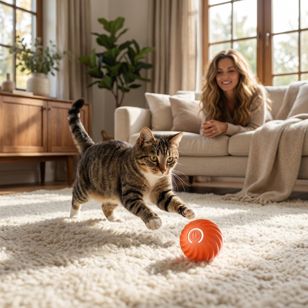 Cat chasing the orange Orbit smart ball on a rug in a bedroom