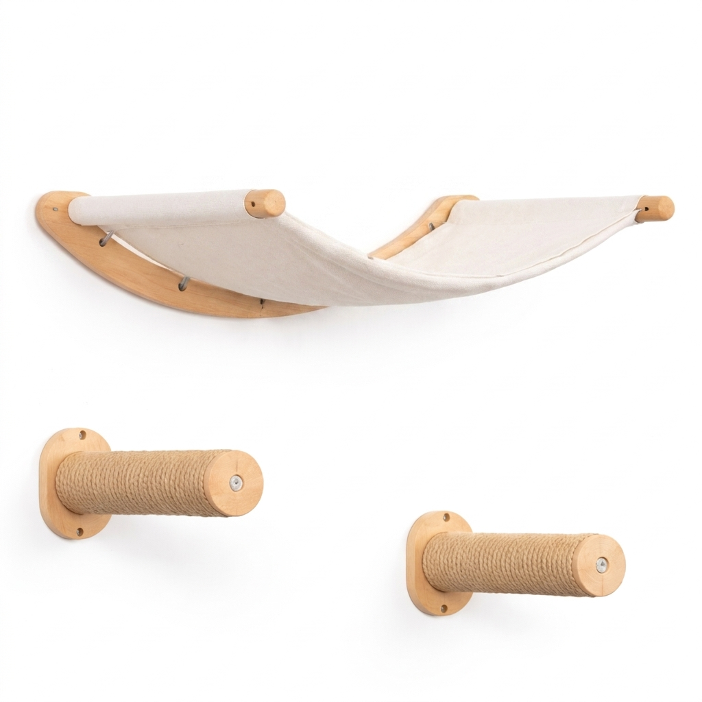 Aerie wall-mounted cat shelf set — wood-frame hammock and two jute climbing steps