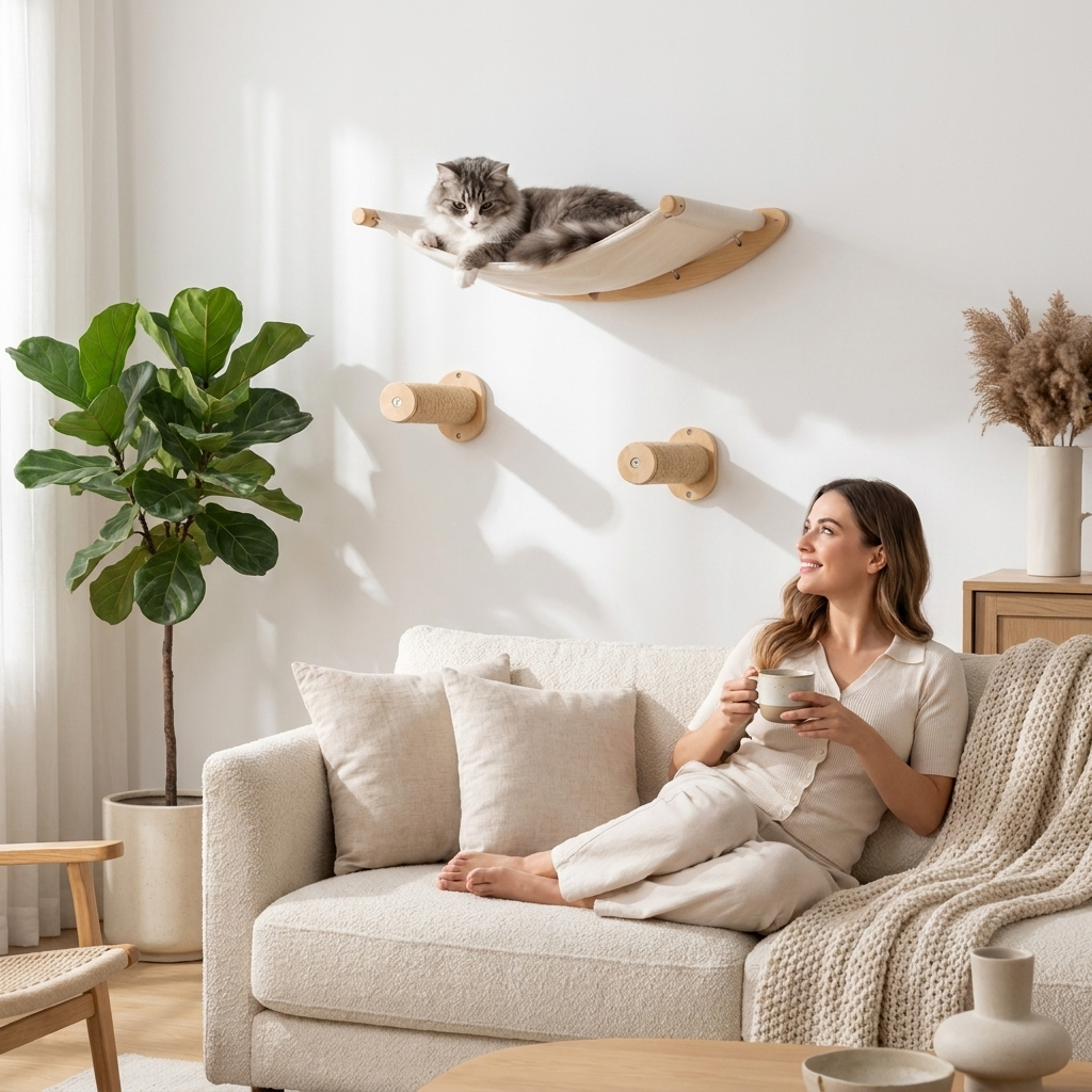 Cat lounging in the wall-mounted hammock above a woman relaxing on the sofa