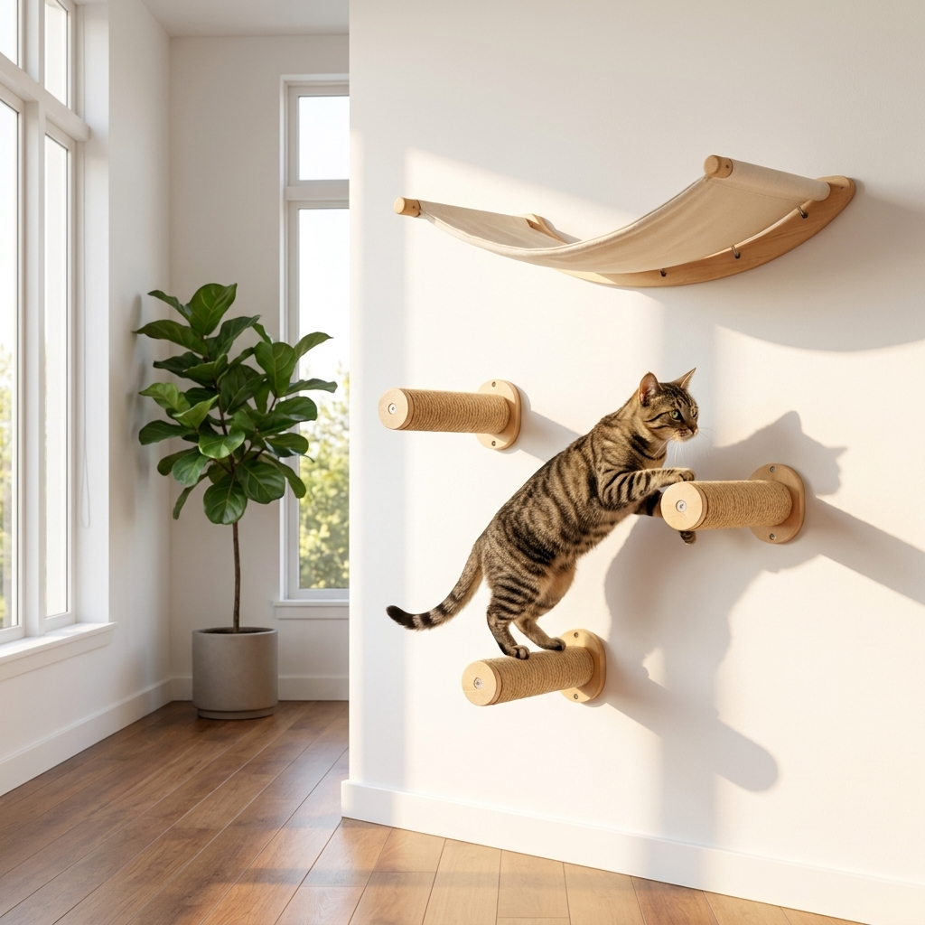 Cat climbing the jute wall steps toward the hammock