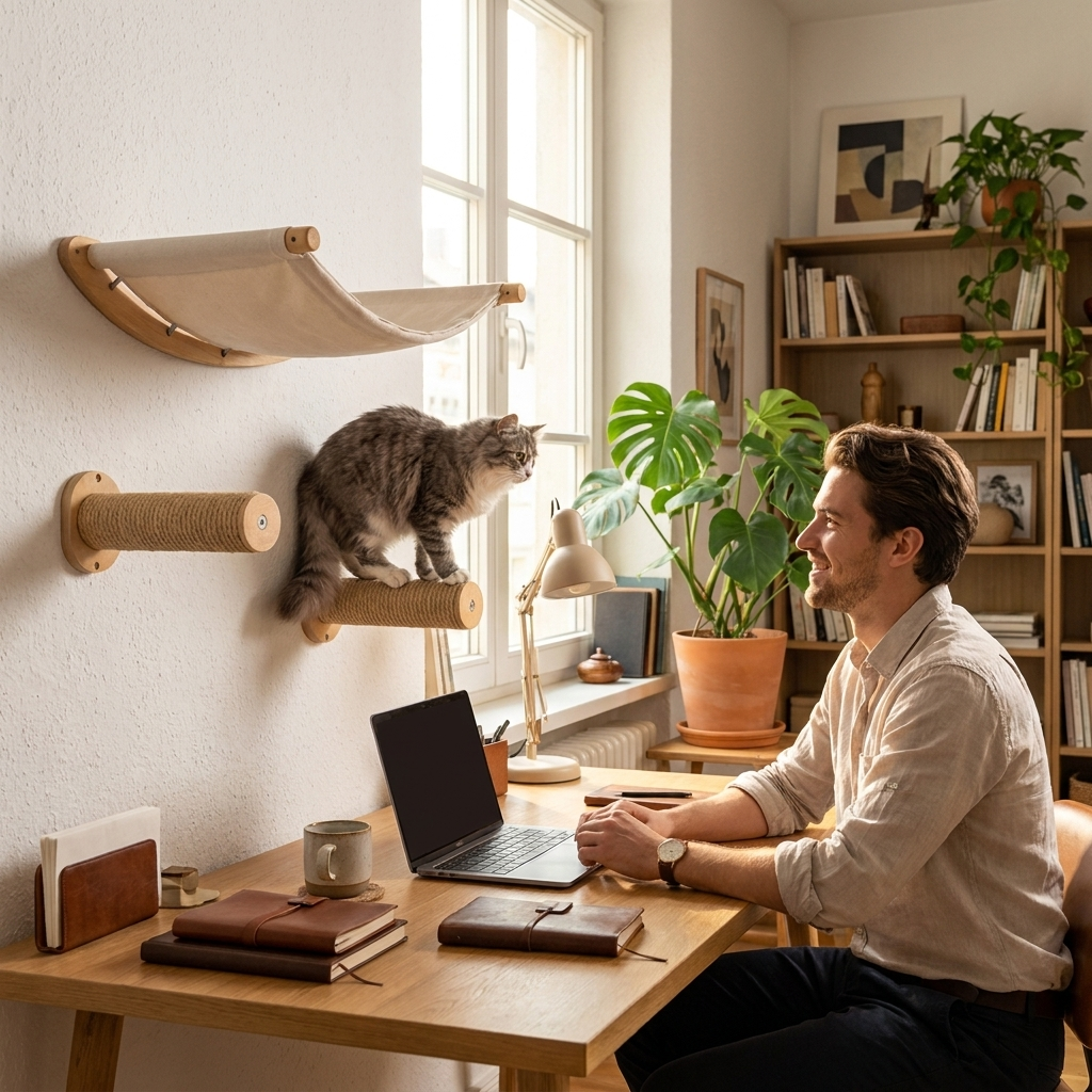 Cat on a jute wall step in a home office while a man works nearby