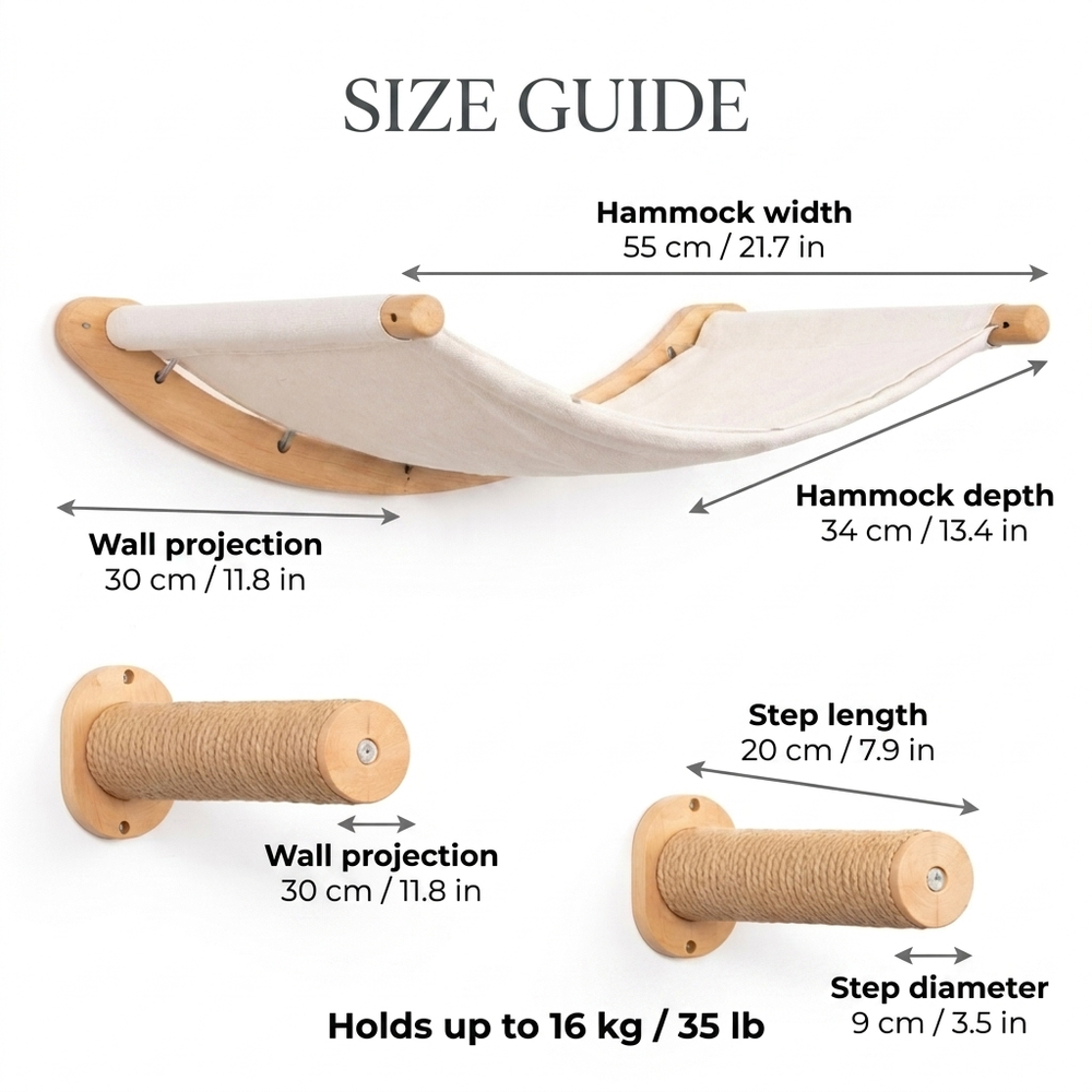 Aerie Wall-Mounted Cat Shelf Set — Size guide