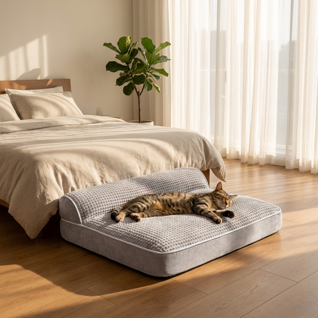Cat stretched out on the Grey Nimbus cat bed in a sunlit bedroom