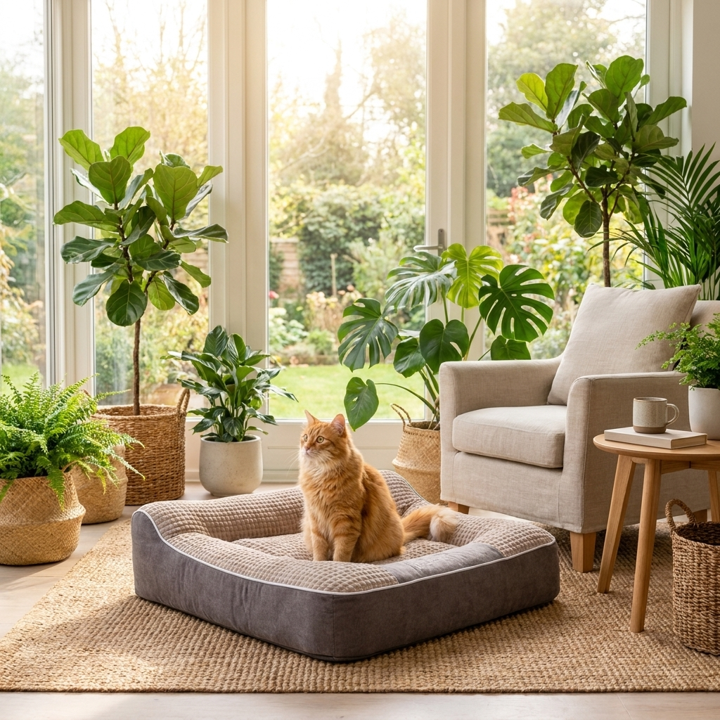 Cat sitting in the Brown Nimbus cat bed in a plant-filled sunroom