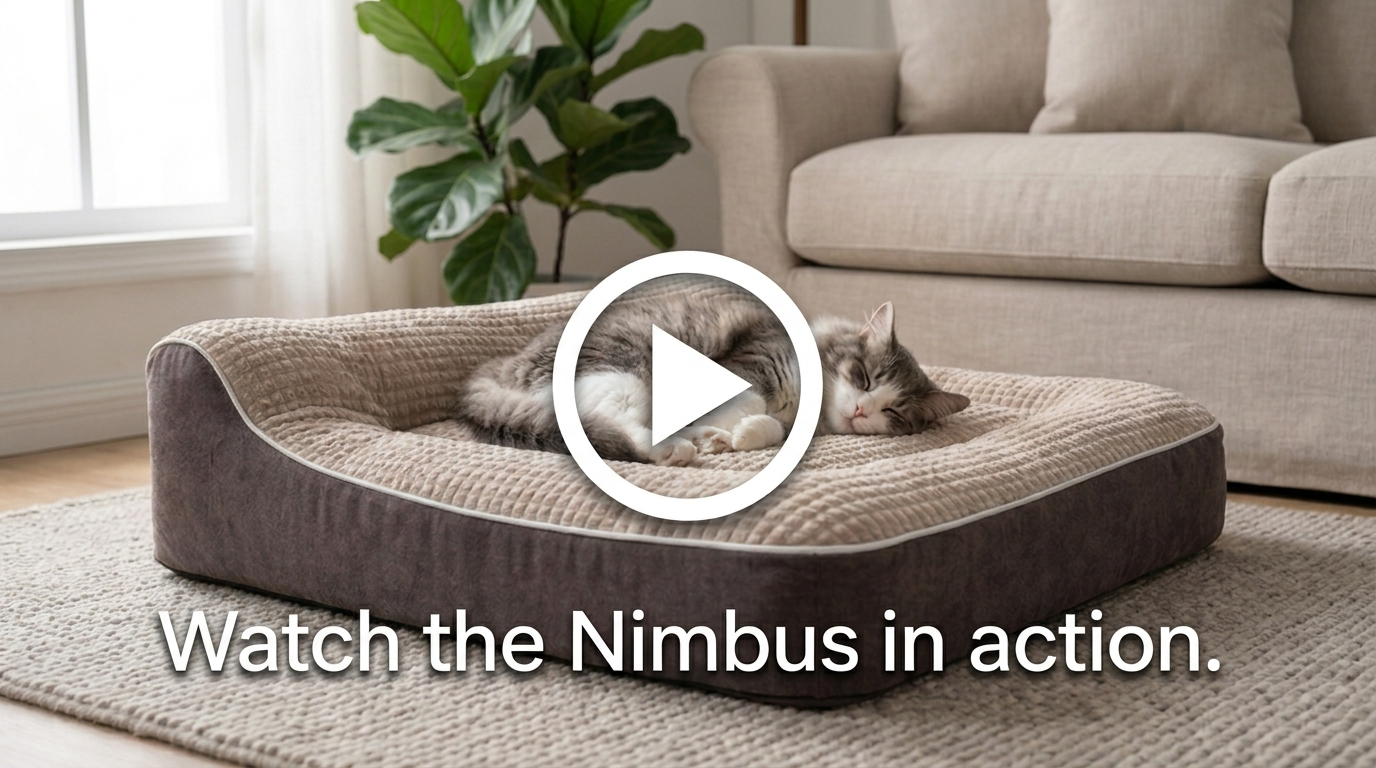 Play button over a cat asleep in the Nimbus cat bed — watch the video