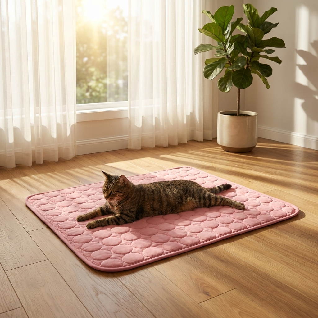 Cat stretched out on the pink Frost cooling mat