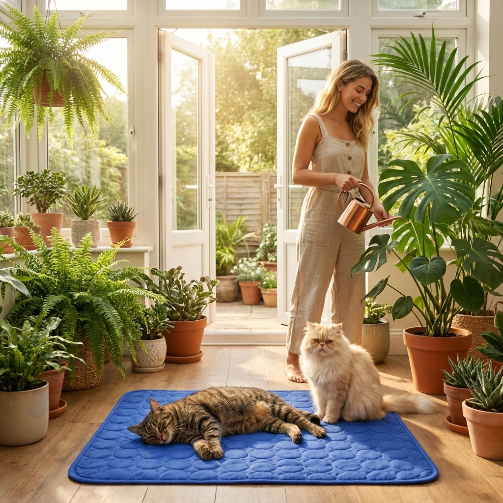 Two cats cooling on the blue Frost mat in a sunroom