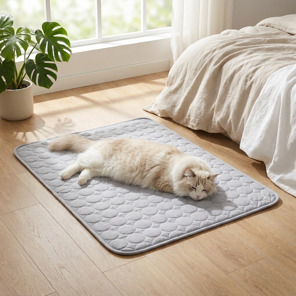 Cat stretched out on the light-grey Frost cooling mat in a bedroom