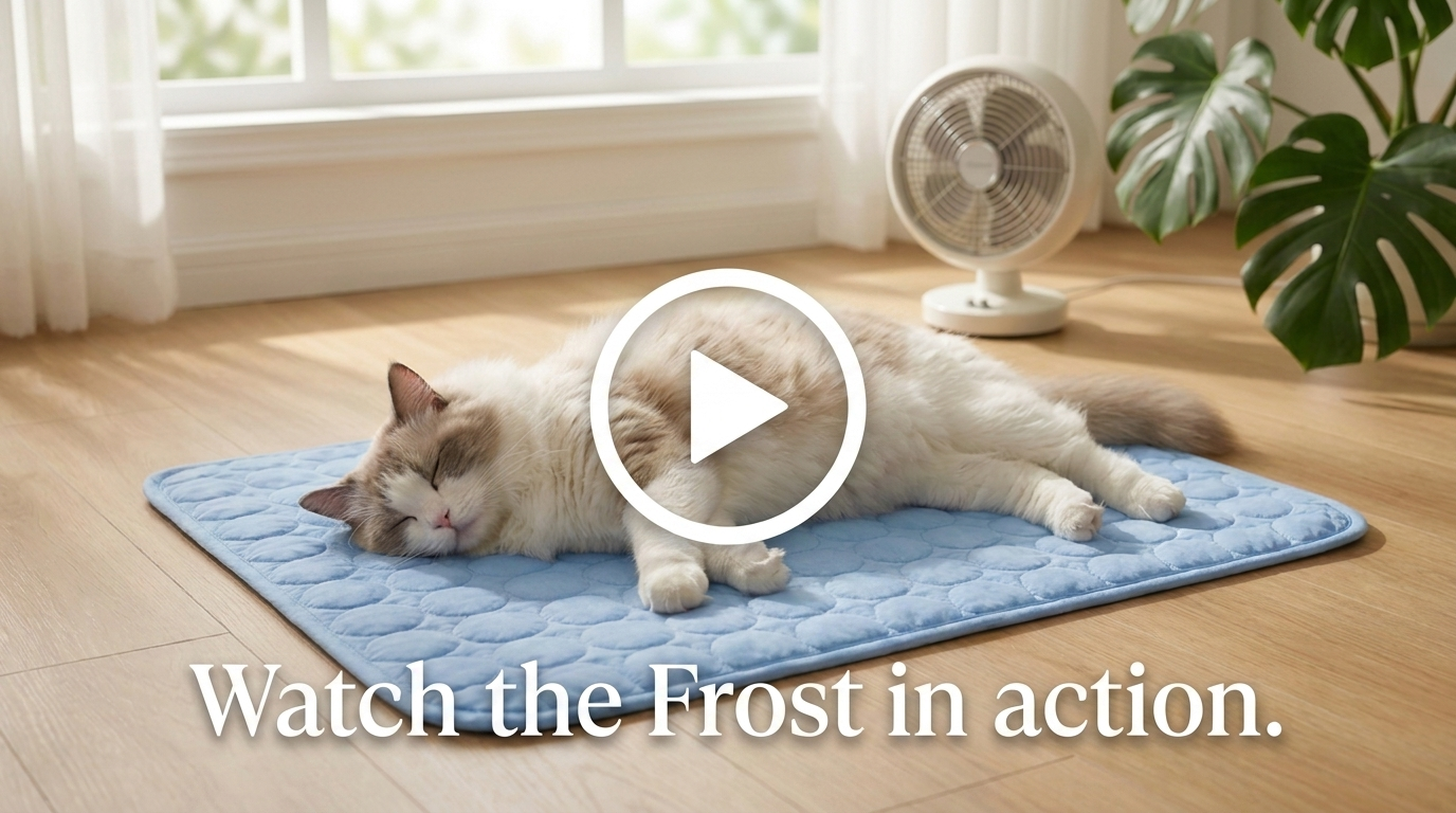 Play button over a cat cooling on the Frost mat — watch the video