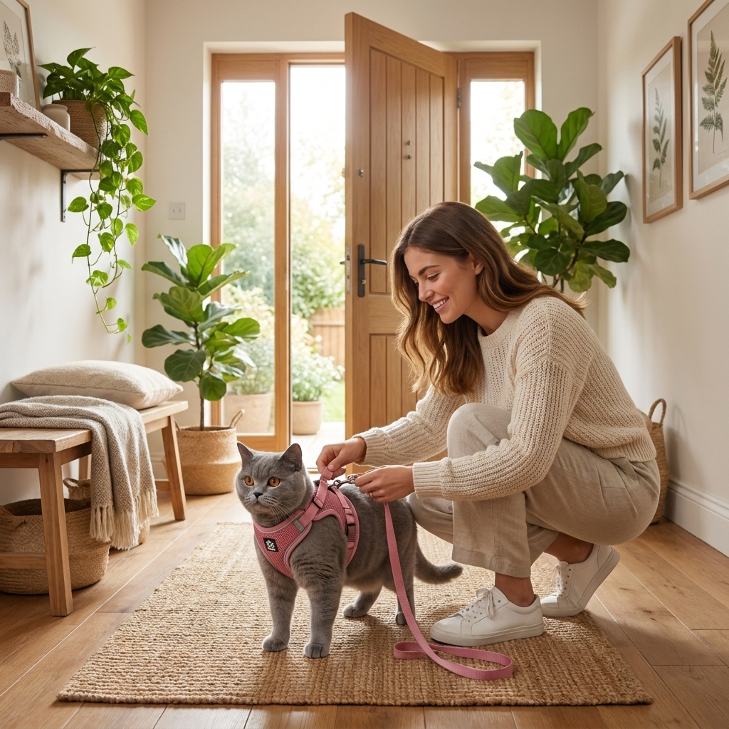 Woman clipping a leash to a cat in a rose Wander harness at home
